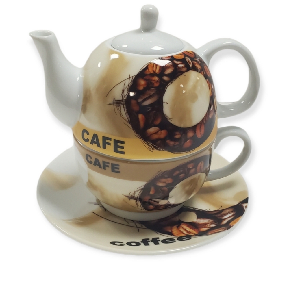 Porcelain Tea or Coffee Pot With Cup and Saucer